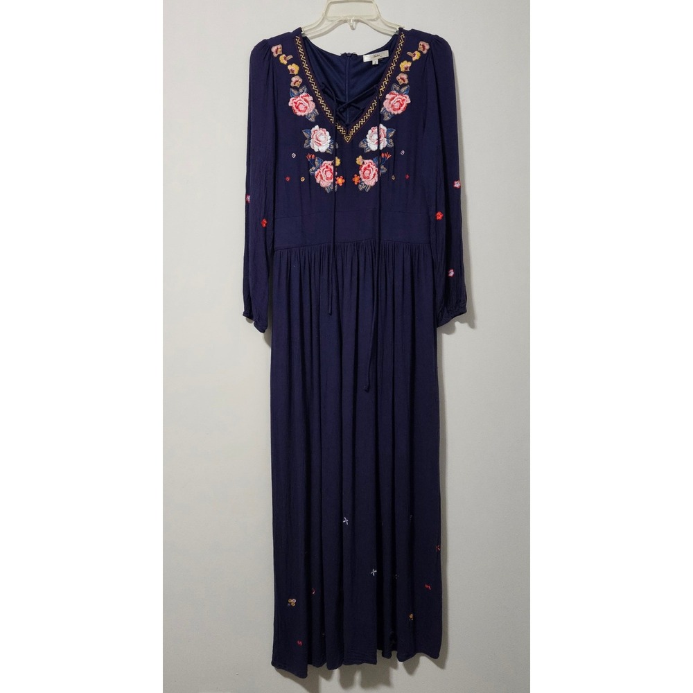Andree by Unit Navy Blue Floral Embroidered Boho Maxi Dress Lace Up V-Neck Small